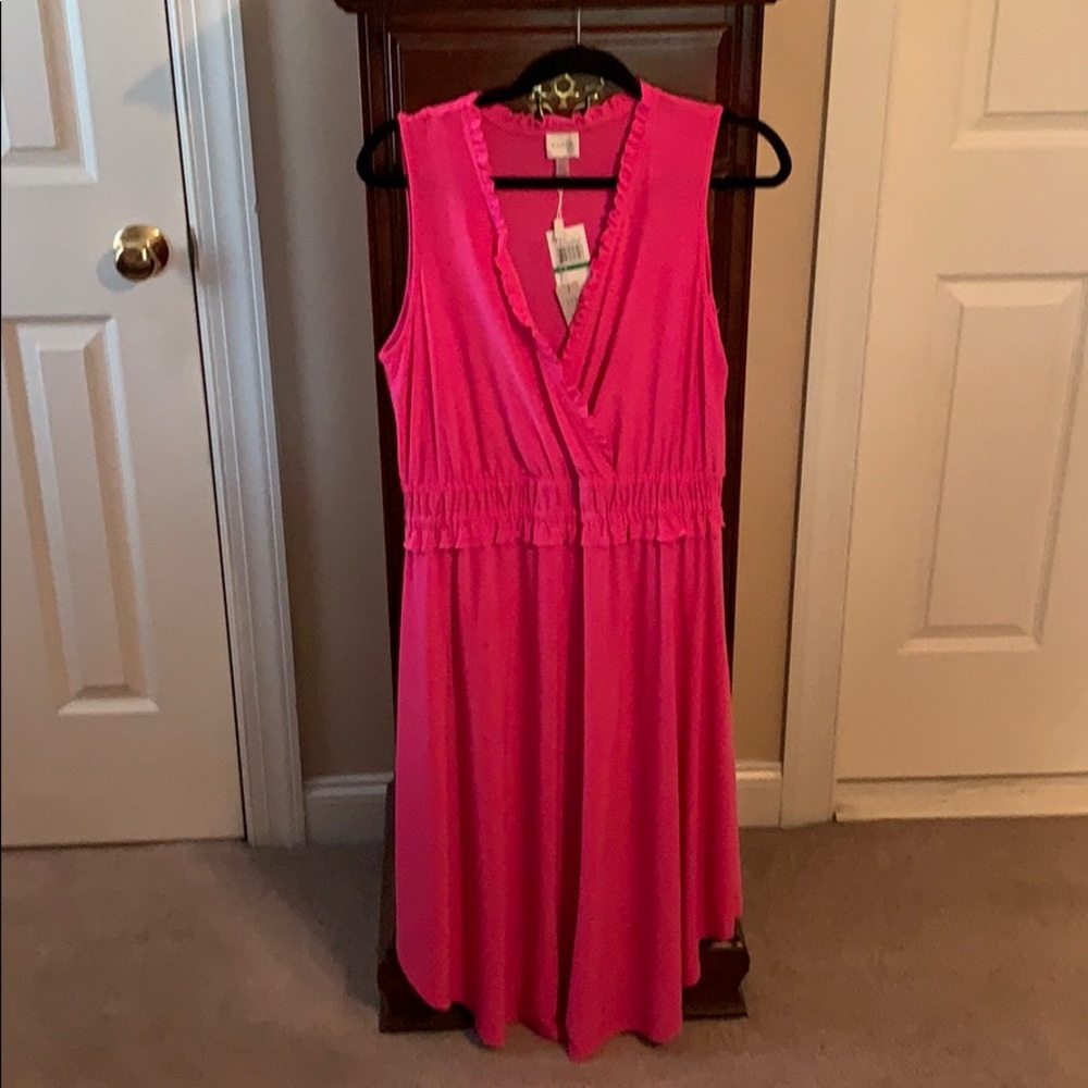 Ruffled Neck Sleeveless Dress-Hot Pink